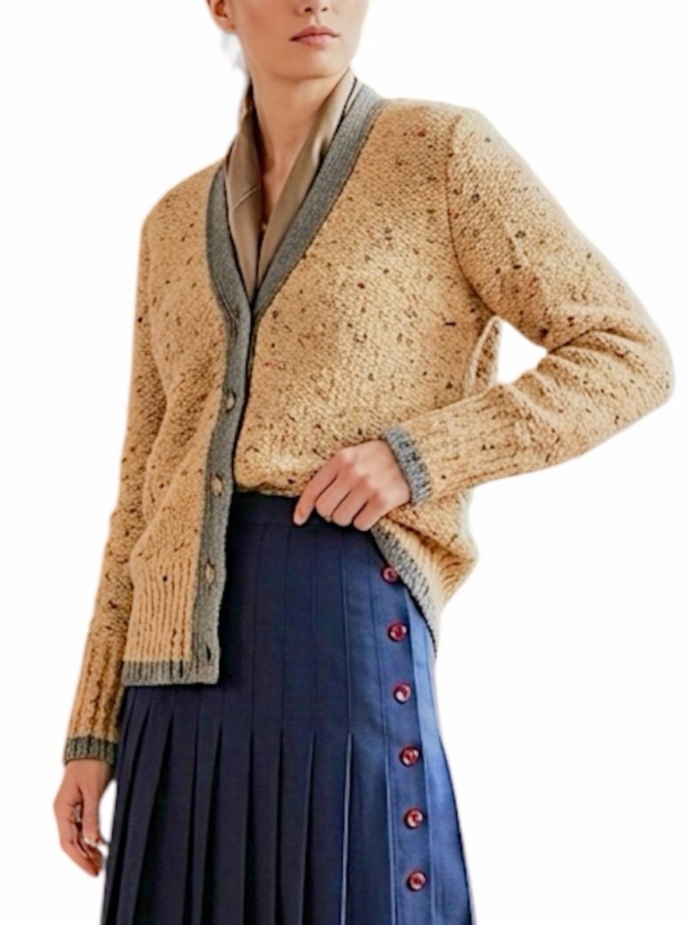 Old money thick knit wool alpaca blend tan grey fuzzy boxy grandpa cardigan S